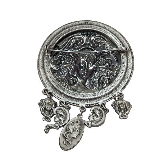 Vintage Art Nouveau Style Brooch MAIDEN Woman Medallion with 5 Hanging Charms - Picture 3 of 3